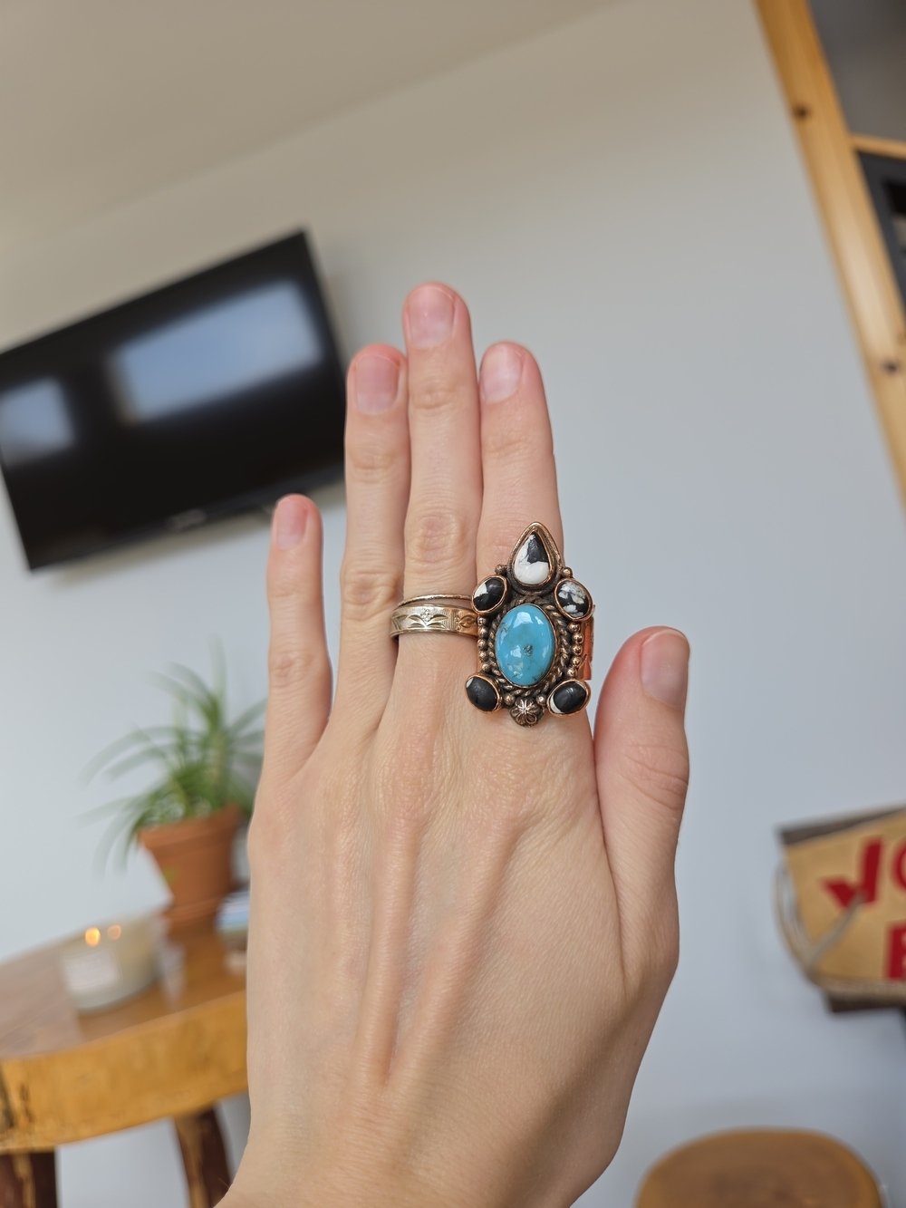 White Buffalo And Whitewater Turquoise Copper Ring 100